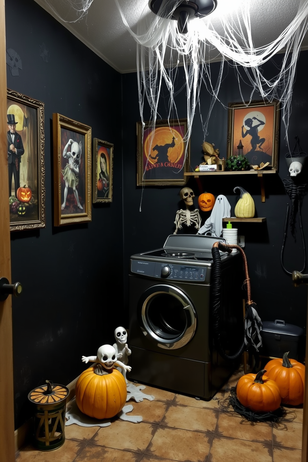 A spooky laundry room features dark walls adorned with eerie artwork that captures the essence of Halloween. Cobwebs drape from the ceiling, and a vintage washing machine is surrounded by ghostly decorations and pumpkins.