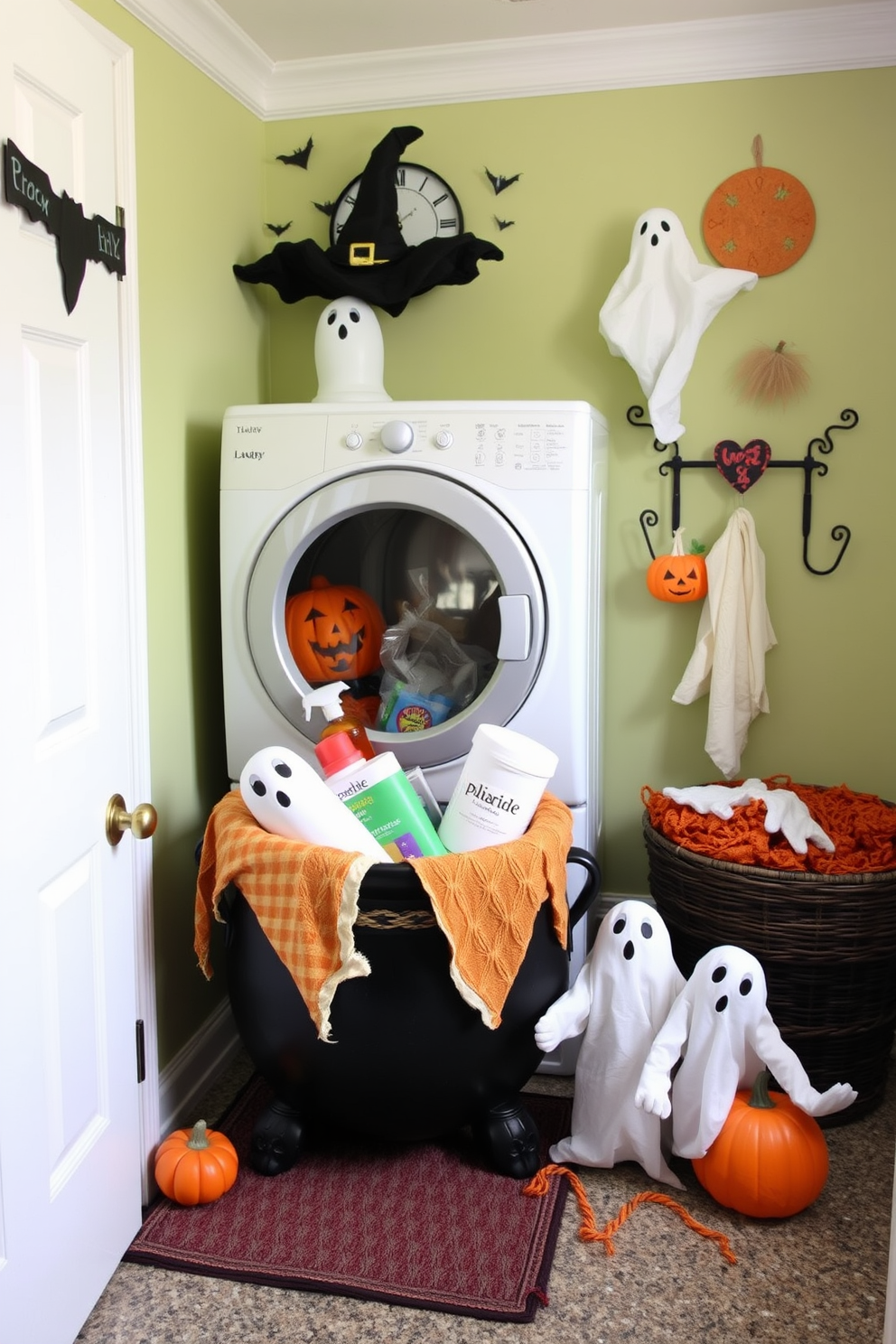 A whimsical laundry room designed for Halloween. The focal point is a decorative cauldron filled with laundry supplies, surrounded by playful ghost and pumpkin decorations.