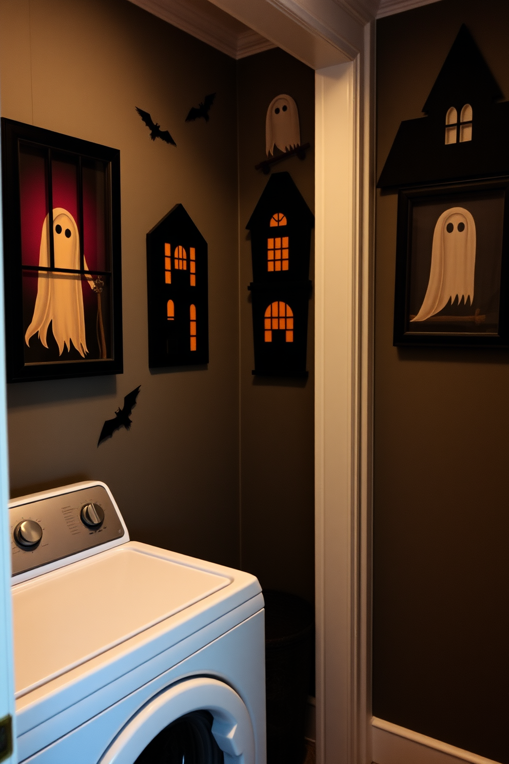 Create a whimsical laundry room decorated for Halloween. The space features machines adorned with playful witch hat decorations, adding a festive touch to the functional area.