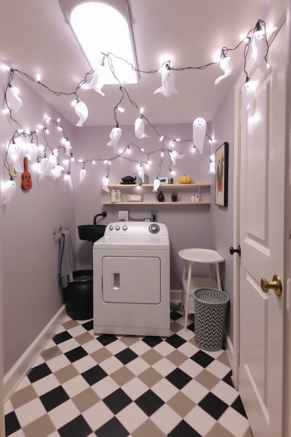 A whimsical laundry room adorned with ghost lights strung across the ceiling creates a festive Halloween atmosphere. The walls are painted in a soft gray, while the floor features a playful checkerboard pattern in black and white.