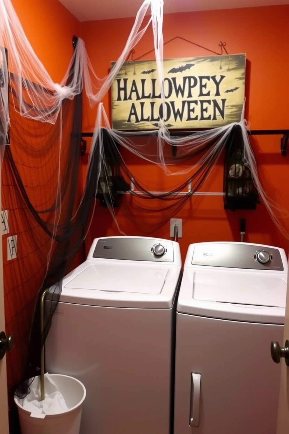 A laundry room decorated for Halloween features creepy cobwebs draping from the corners, creating an eerie atmosphere. The walls are painted in a deep orange hue, and a spooky sign hangs above the washer and dryer, adding to the festive decor.