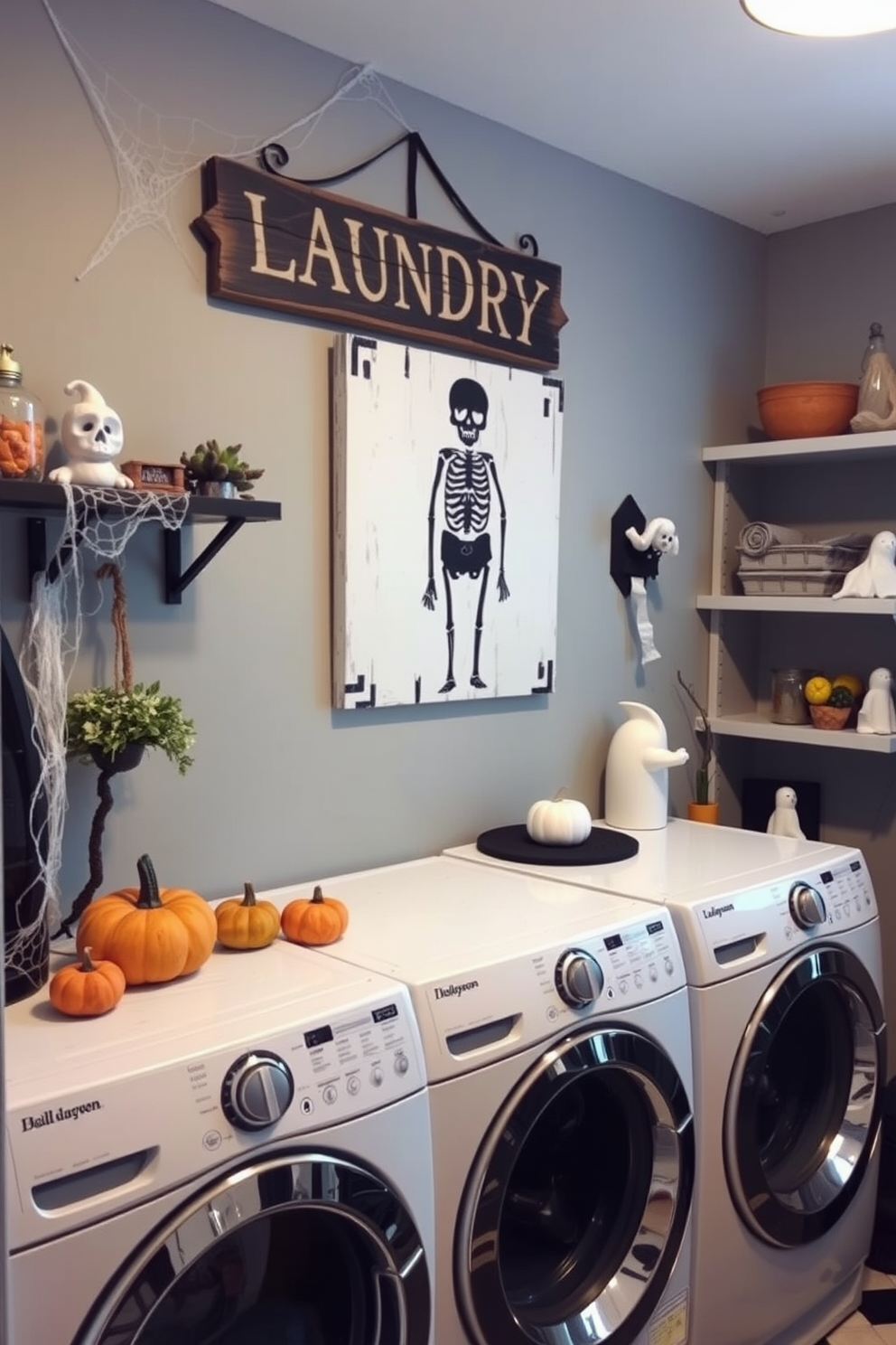 A Halloween-themed laundry room features creepy crawly spider web accents adorning the walls and ceiling. The space is illuminated by dim, flickering lights that create an eerie atmosphere, enhancing the spooky decor. The laundry appliances are cleverly disguised with black and orange covers, while decorative pumpkins and ghostly figures are placed on the countertops. A vintage washboard hangs on the wall, surrounded by artificial cobwebs and plastic spiders for an added frightful touch.