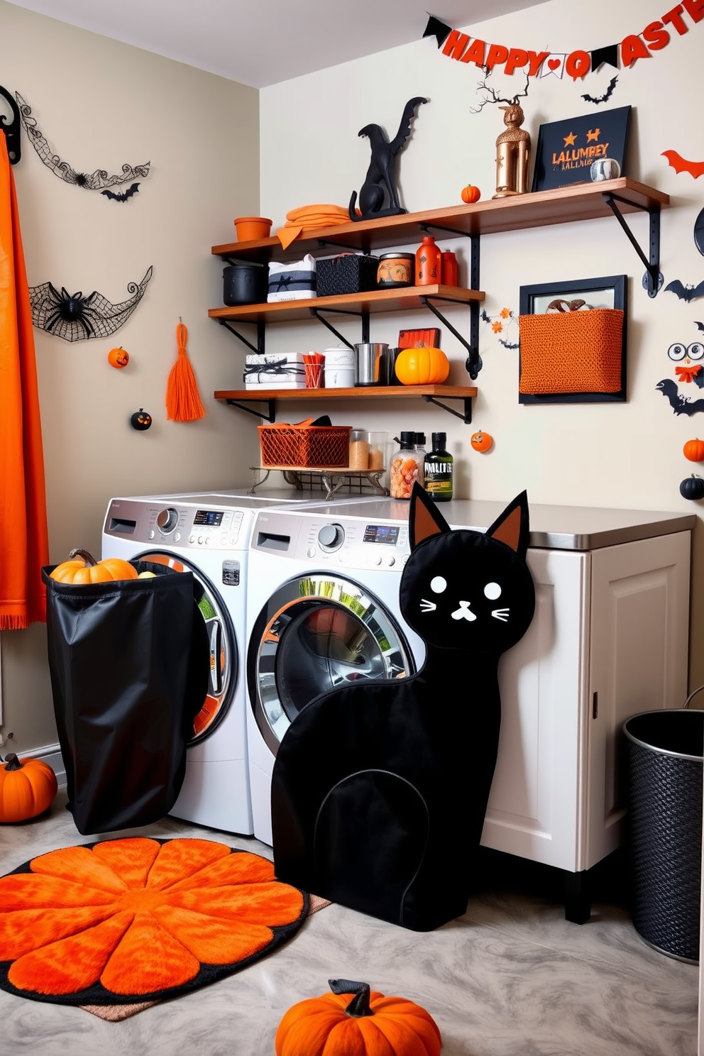 A whimsical laundry room featuring a black cat-shaped laundry hamper that adds a playful touch to the space. The walls are adorned with Halloween-themed decorations, including orange and black accents, creating a festive atmosphere. The laundry machines are tucked away behind a stylish cabinet, while a cheerful pumpkin rug lies underfoot. Shelves above the machines display decorative items and seasonal decor, enhancing the overall Halloween spirit.