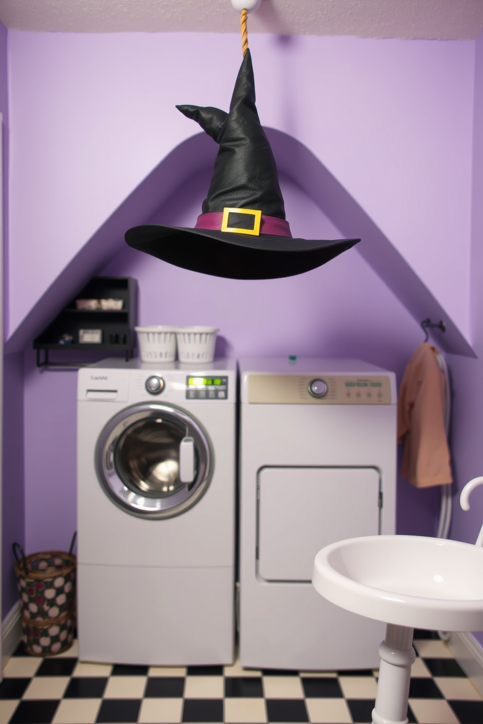 A whimsical laundry room setting featuring a witch hat hanging from the ceiling. The walls are painted in a soft lavender hue, and the floor is adorned with playful black and white checkered tiles.