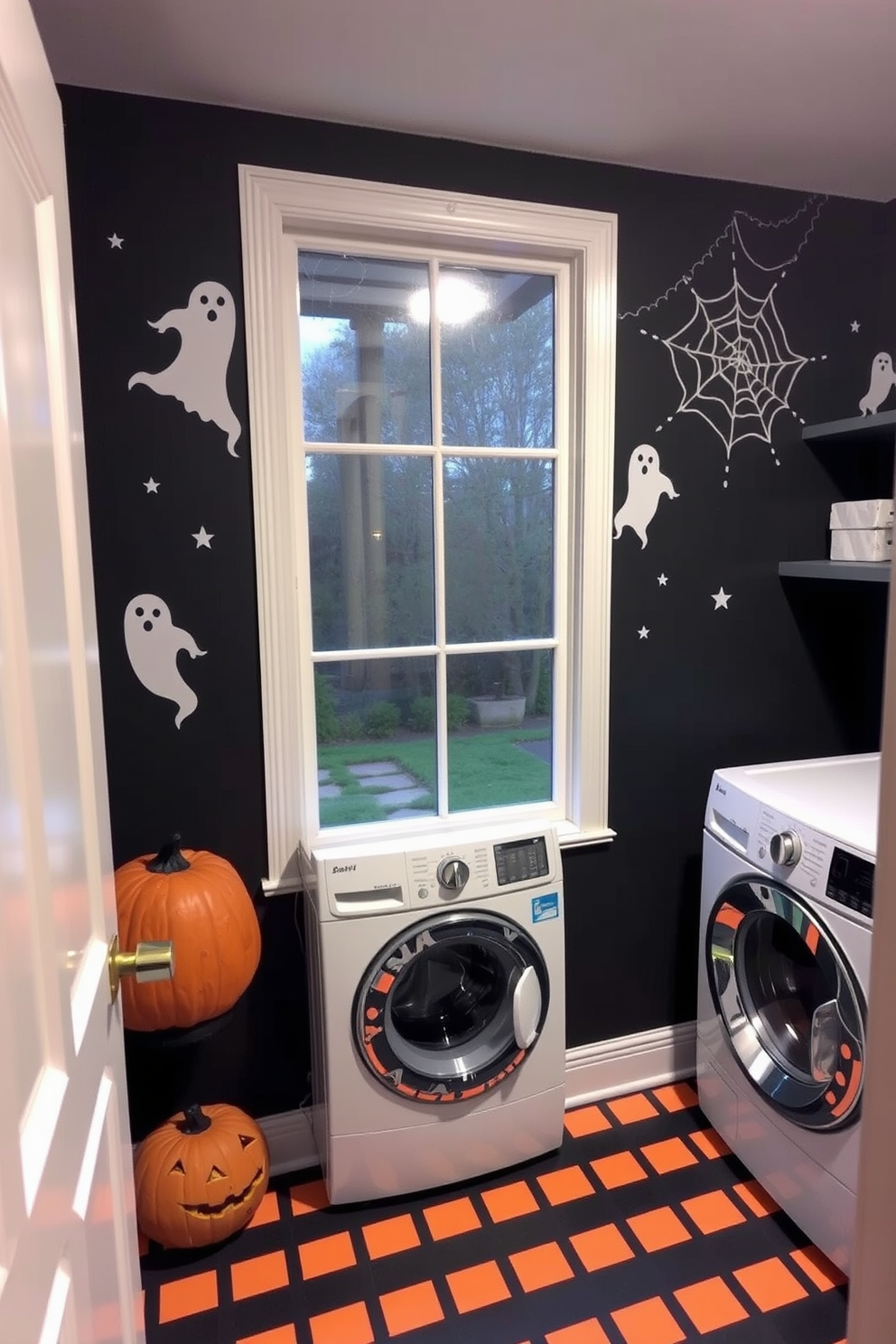 A whimsical laundry room adorned with hanging bats from the ceiling creates a fun Halloween atmosphere. The walls are painted in a deep purple hue, and the floor features a checkerboard pattern in black and orange. A vintage washing machine sits against one wall, surrounded by decorative spider webs and small pumpkins. Shelves above the machine are filled with colorful laundry baskets and Halloween-themed decorations.