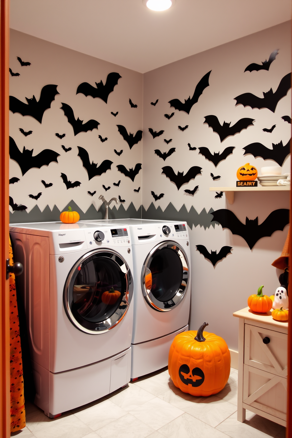 A playful laundry room featuring walls adorned with bat silhouettes in various sizes, creating a whimsical Halloween atmosphere. The room is brightened with cheerful colors, complemented by seasonal decorations like mini pumpkins and ghostly accents.