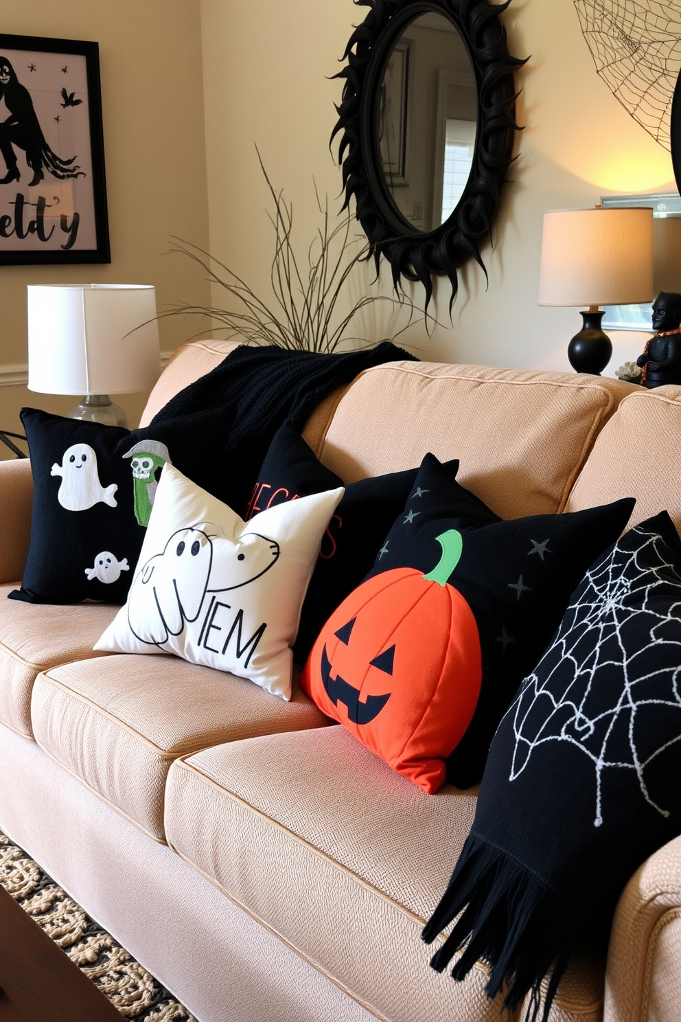 A cozy living room adorned for Halloween features a plush couch adorned with spooky throw pillows. The pillows showcase various designs including ghosts, pumpkins, and cobwebs, adding a playful yet eerie touch to the space.