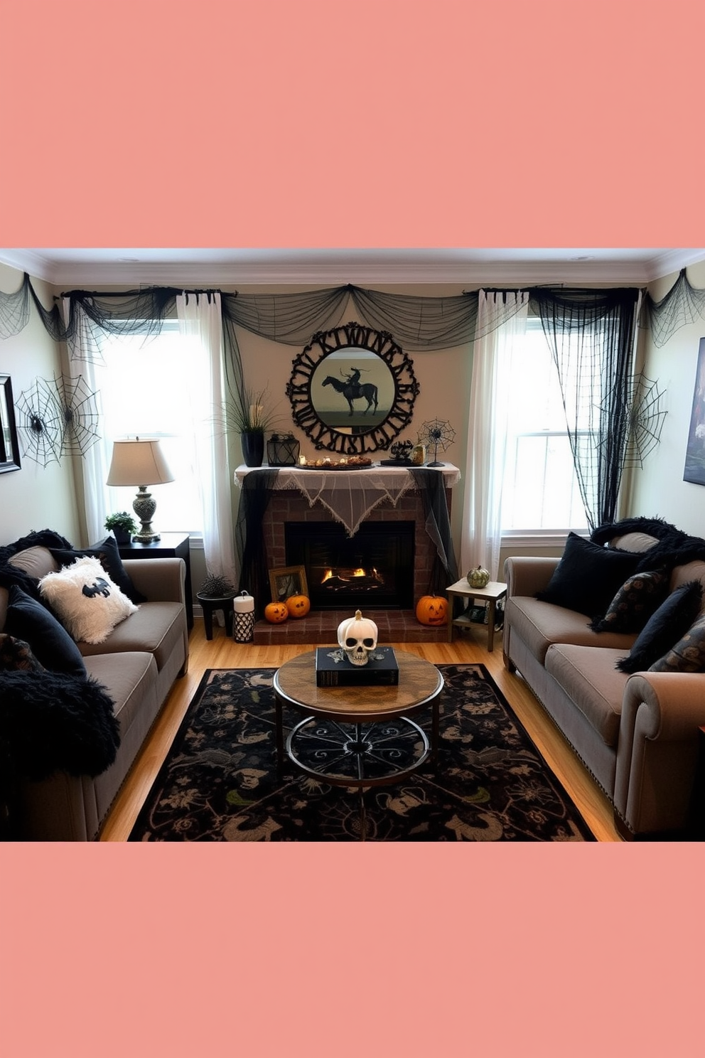 A cozy living room adorned with spider web accents in the corners creates a spooky yet inviting atmosphere. The furniture is arranged to highlight seasonal decor, with plush cushions and a dark-themed rug enhancing the Halloween spirit.