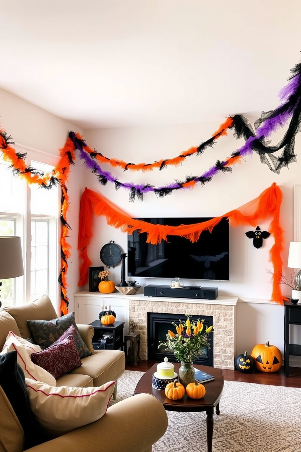 A cozy Halloween living room adorned with colorful garlands draped across the walls. The garlands feature vibrant orange, purple, and black hues, creating a festive atmosphere perfect for the season.