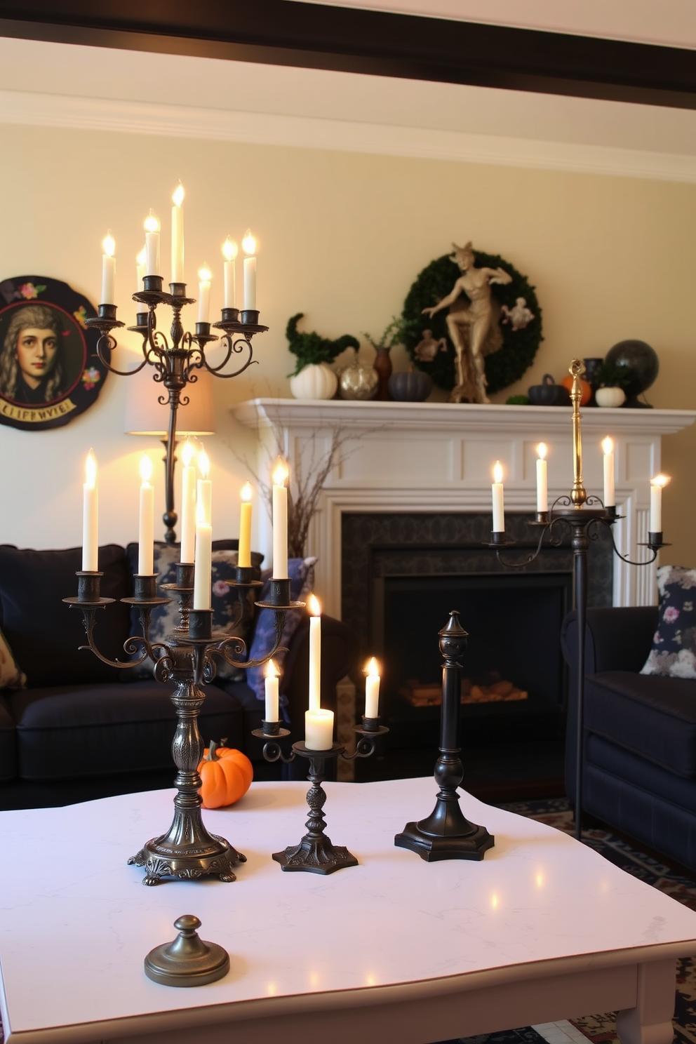 A cozy Halloween living room setting filled with mismatched antique candelabras that add a touch of charm. The candelabras are placed on various surfaces, casting a warm glow that enhances the festive atmosphere.