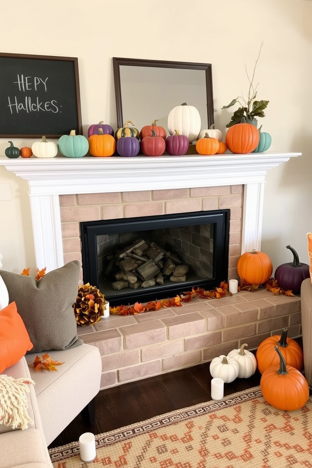 A cozy living room decorated for Halloween features shelves adorned with various DIY painted pumpkins in vibrant colors. The pumpkins are arranged alongside autumn-themed decor, such as garlands of leaves and small candles, creating a warm and inviting atmosphere.