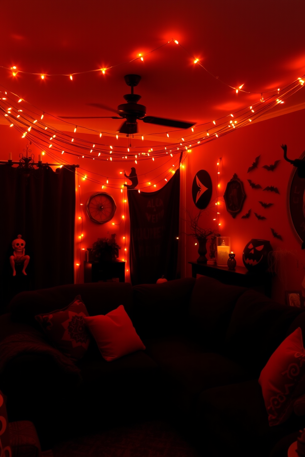 A cozy Halloween-themed living room filled with mood lighting created by orange string lights draped across the ceiling. The walls are adorned with spooky decorations, and a plush black sofa is accented with orange and purple throw pillows.