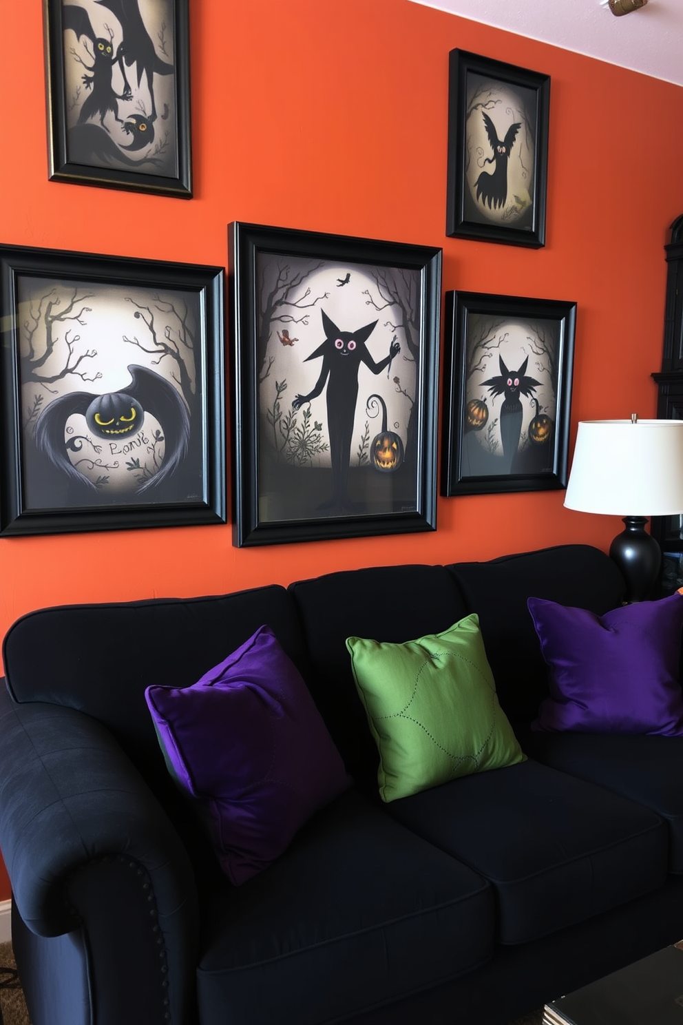 A cozy living room setting adorned with a Halloween-themed table runner draping elegantly over the side tables. The runner features playful pumpkin and ghost designs, adding a festive touch to the space. Soft, ambient lighting casts a warm glow over the room, highlighting the autumnal color palette of oranges, blacks, and purples. Plush cushions with Halloween motifs are scattered across the sofa, inviting guests to relax and enjoy the seasonal decor.