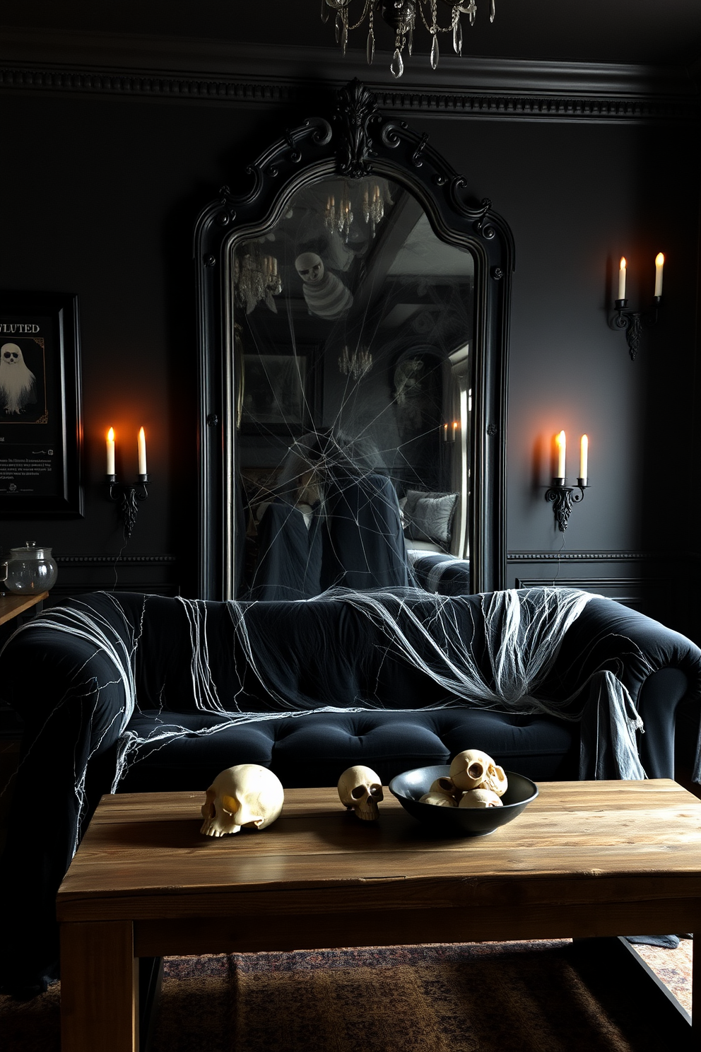 A cozy living room adorned for Halloween features hanging lanterns with flickering lights casting playful shadows across the space. The walls are decorated with spooky artwork, and a plush orange and black throw blanket drapes over the sofa, inviting warmth and seasonal spirit.