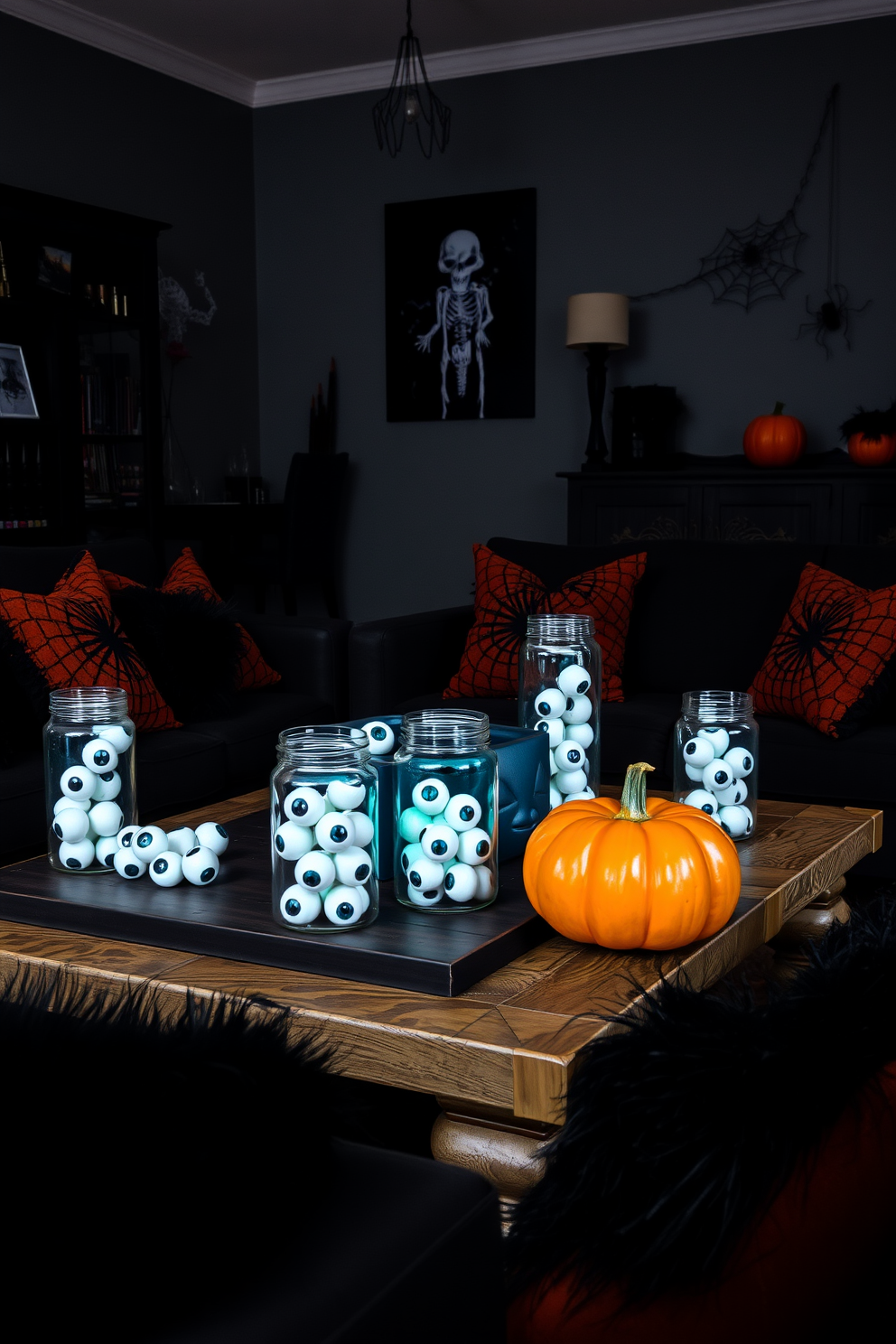 A spooky Halloween living room setting. Glass jars filled with faux eyeballs are strategically placed on a rustic wooden coffee table surrounded by plush black and orange cushions. The walls are adorned with eerie artwork and spiderweb decorations. Dim lighting casts shadows that enhance the chilling atmosphere, while a pumpkin centerpiece adds a festive touch.