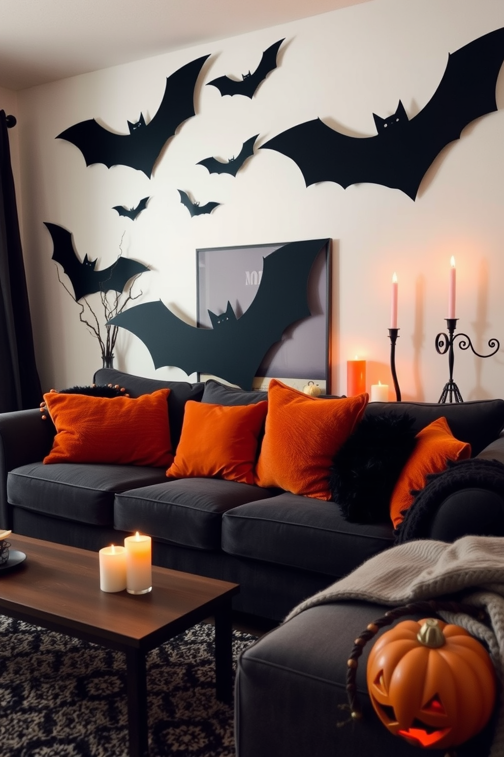 A cozy Halloween living room featuring DIY painted pumpkins in various sizes scattered around the space. The pumpkins are adorned with playful designs and vibrant colors, creating a festive atmosphere that complements the warm autumn tones of the room.