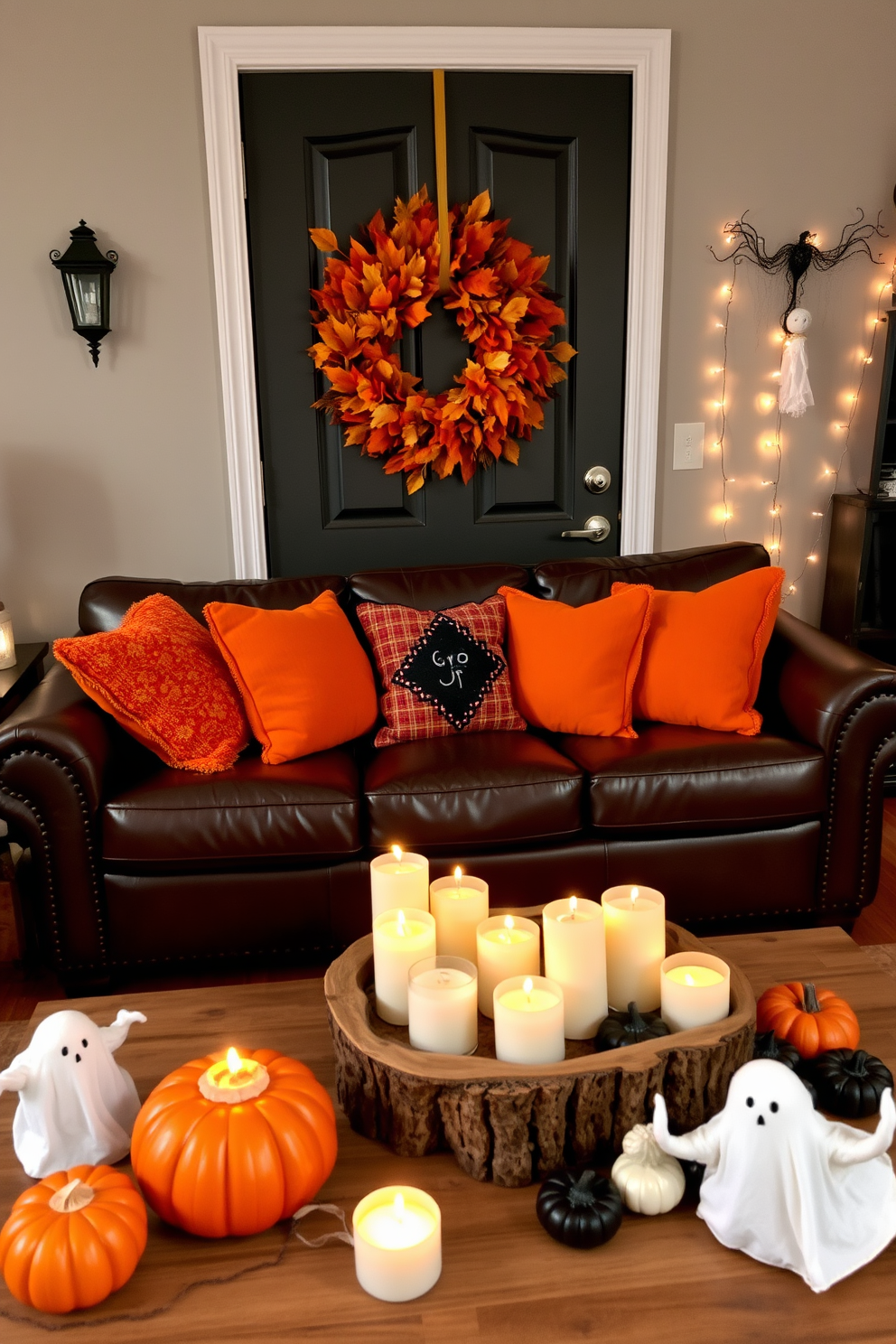 Chalkboard signs with Halloween quotes are strategically placed throughout the living room, creating a festive atmosphere. The signs feature whimsical designs and vibrant lettering, enhancing the seasonal decor. Cozy seating arrangements are adorned with orange and black throw pillows, while a plush area rug adds warmth to the space. Pumpkins of various sizes are scattered around, complementing the Halloween theme and inviting guests to enjoy the spooky ambiance.