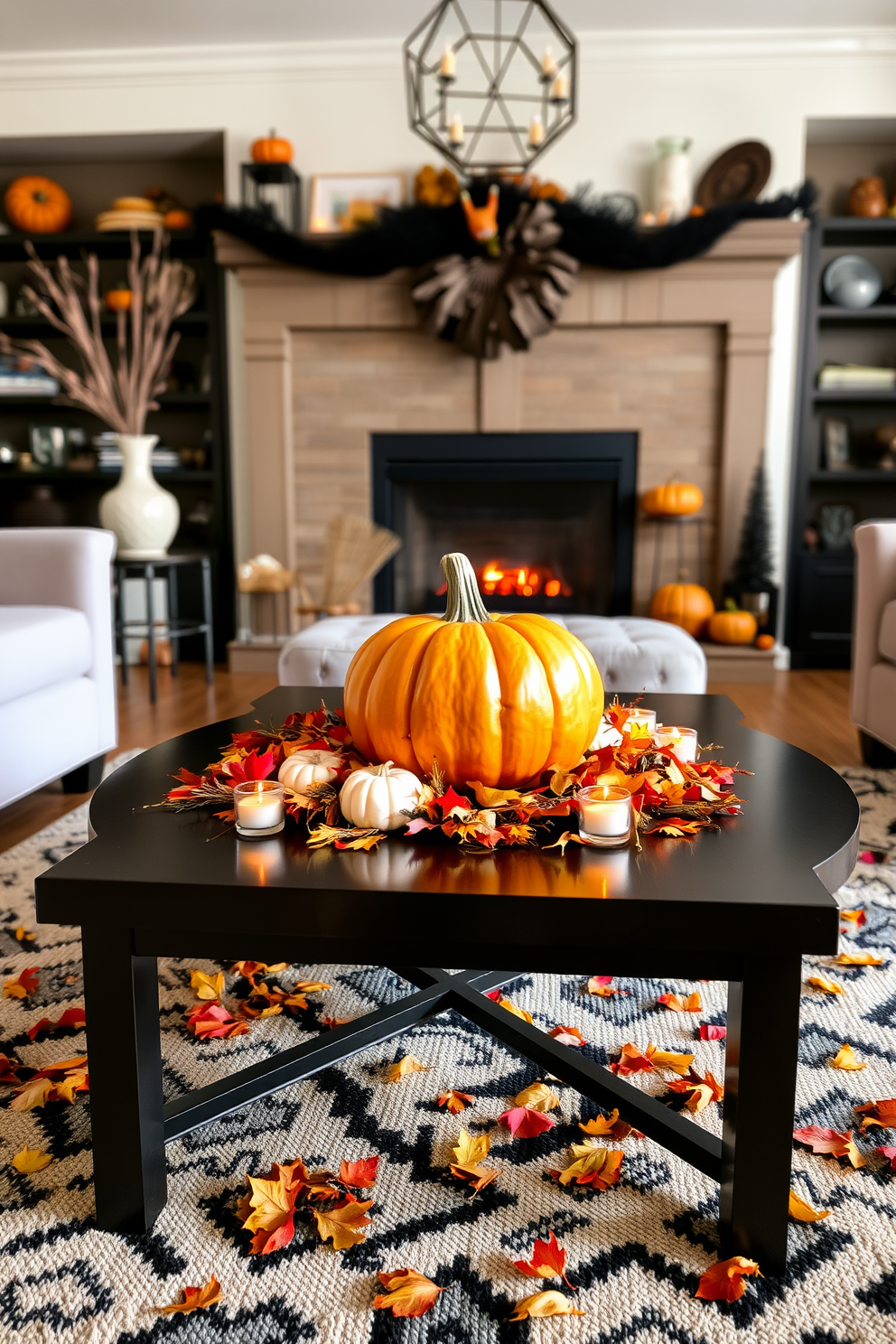 A cozy living room decorated for Halloween features a stylish coffee table at the center. On the table, a vibrant pumpkin centerpiece is surrounded by autumn leaves and small candles, creating a warm and festive atmosphere.