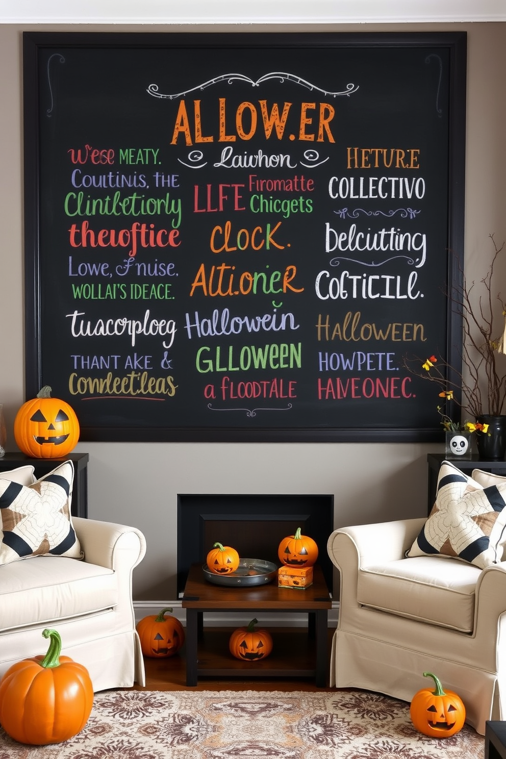 A cozy living room decorated for Halloween. The walls are adorned with a large chalkboard featuring spooky quotes in colorful chalk, surrounded by playful Halloween decorations like pumpkins and ghosts.