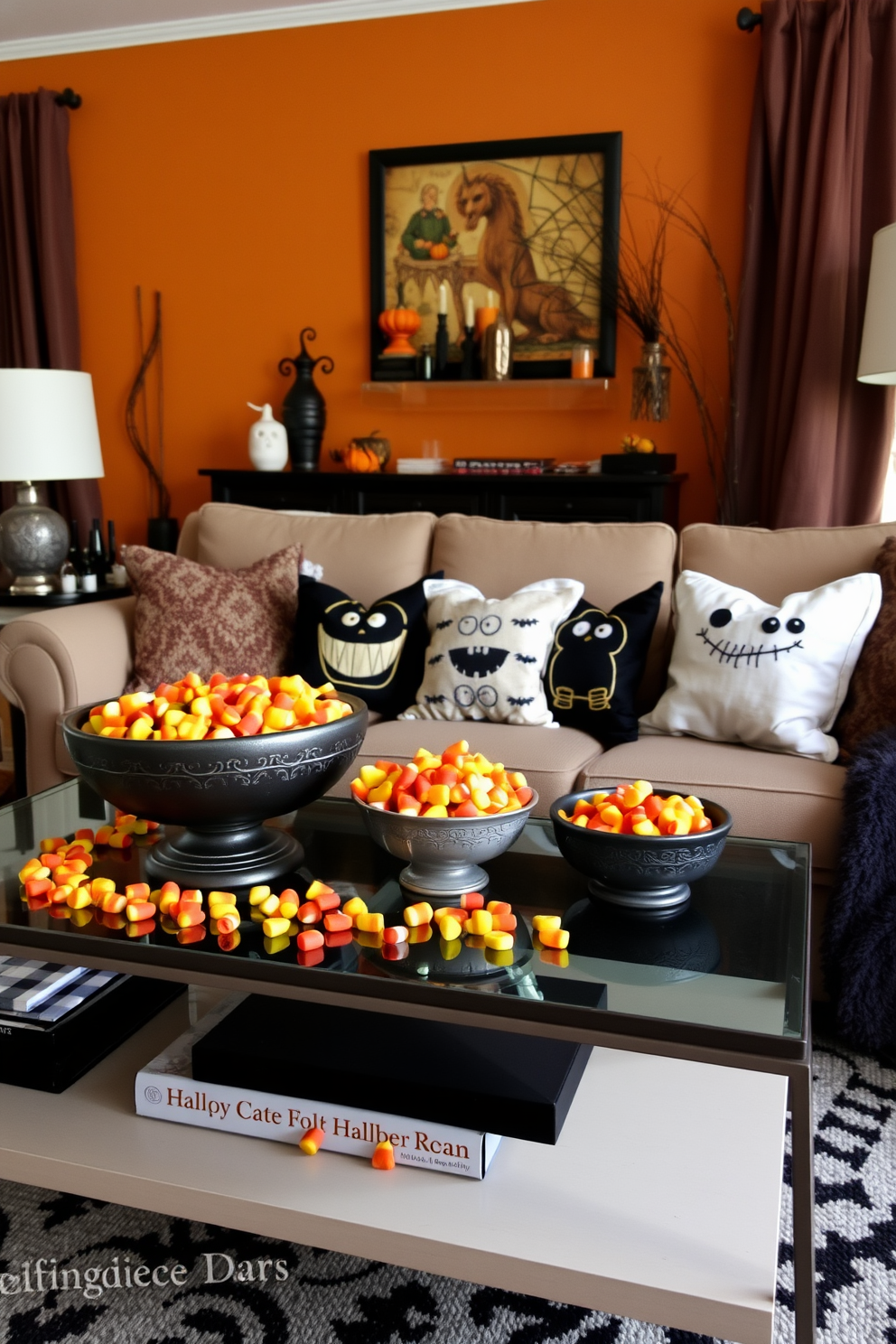 A cozy living room adorned for Halloween features a stylish coffee table topped with decorative bowls filled with vibrant candy corn. The walls are draped in warm autumn hues, and plush throw pillows with spooky motifs are scattered across a comfortable sofa.