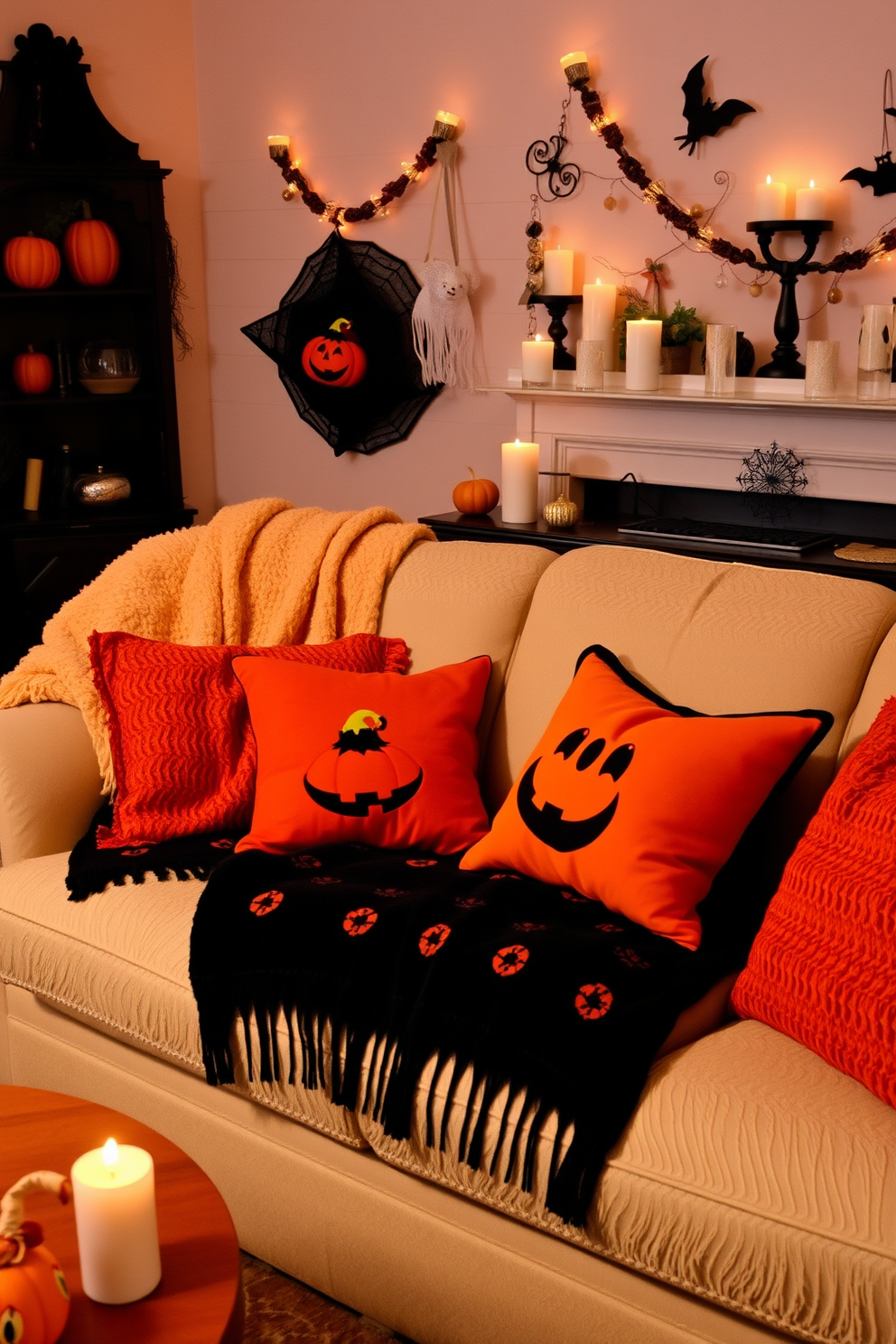 A gothic-style mirror with a dark ornate frame hangs prominently on the wall, reflecting the flickering light of candles placed on a nearby mantel. The living room is adorned with subtle Halloween decorations, featuring black and orange accents that create an inviting yet spooky atmosphere.