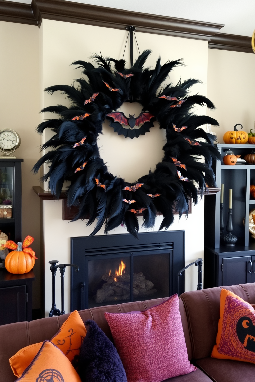 A striking Halloween living room features a wreath made of black feathers adorned with small decorative bats. The wreath is hung above a cozy fireplace, complemented by seasonal accents like orange and purple pillows on the sofa.