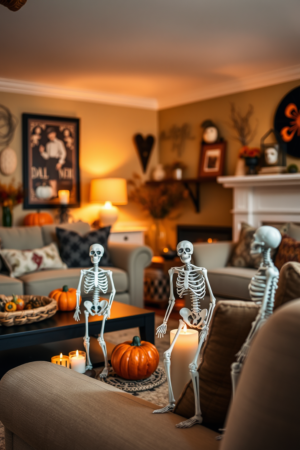 Create a cozy Halloween-themed living room featuring skeleton figurines placed strategically throughout the space. The room is adorned with warm autumn colors, soft lighting, and seasonal decorations that enhance the spooky yet inviting atmosphere.