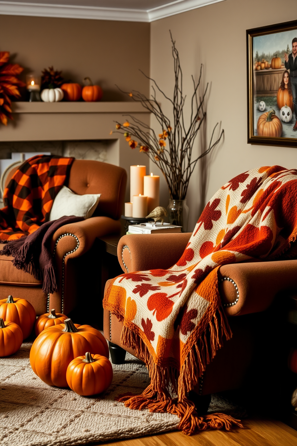 A cozy living room adorned with autumn-themed throw blankets draped over plush armchairs. The space features warm hues of orange and brown, with decorative pumpkins and candles scattered throughout for a festive Halloween atmosphere.