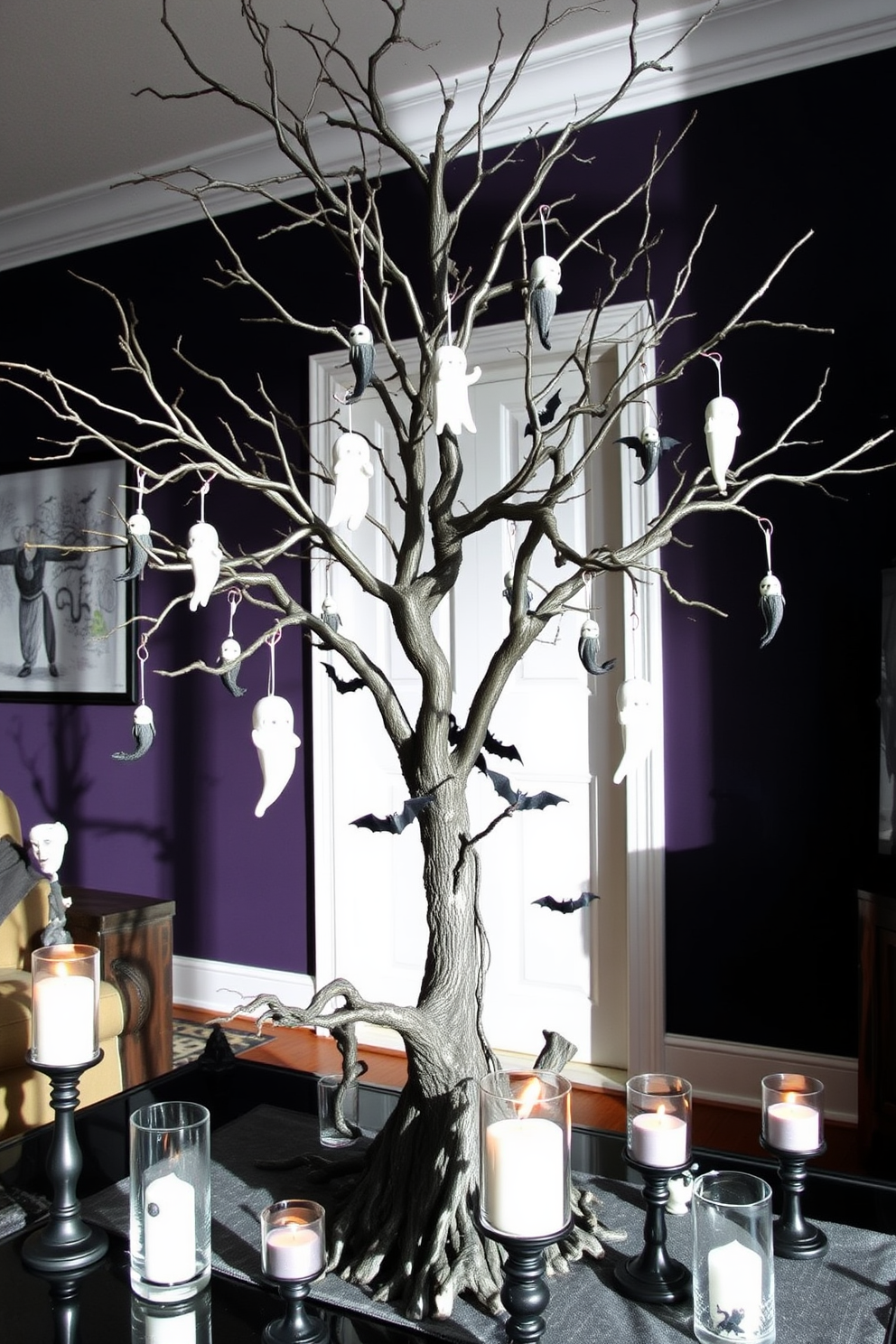 A spooky tree branch centerpiece dominates the living room, adorned with eerie hanging decorations like ghostly figures and miniature bats. Surrounding the centerpiece, candles flicker in dark glass holders, casting shadows on the walls painted in deep purples and blacks.