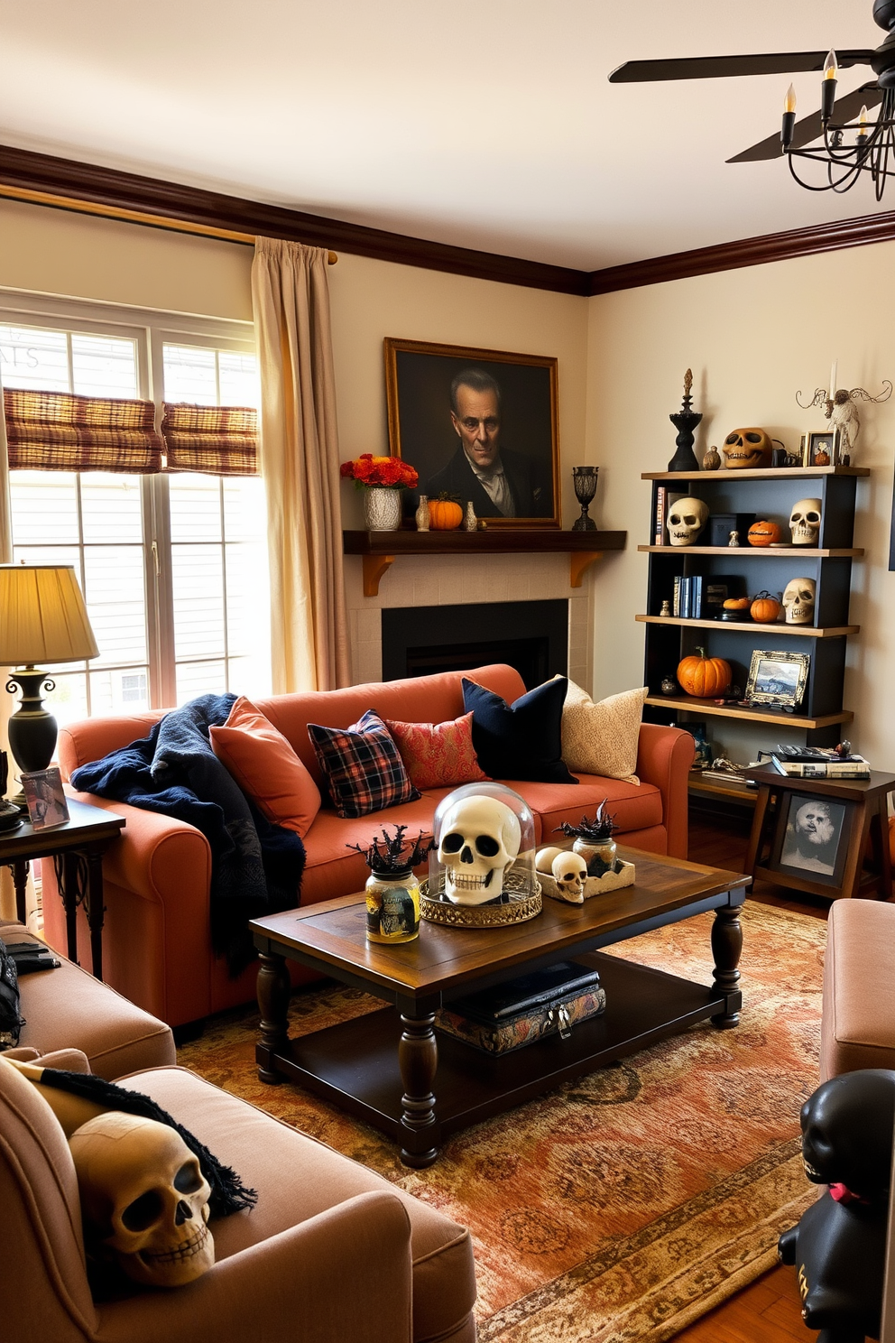 A cozy living room adorned with decorative skulls placed on shelves and tables. The space is filled with warm autumn colors, featuring a plush sofa and a coffee table surrounded by spooky yet stylish Halloween decor.