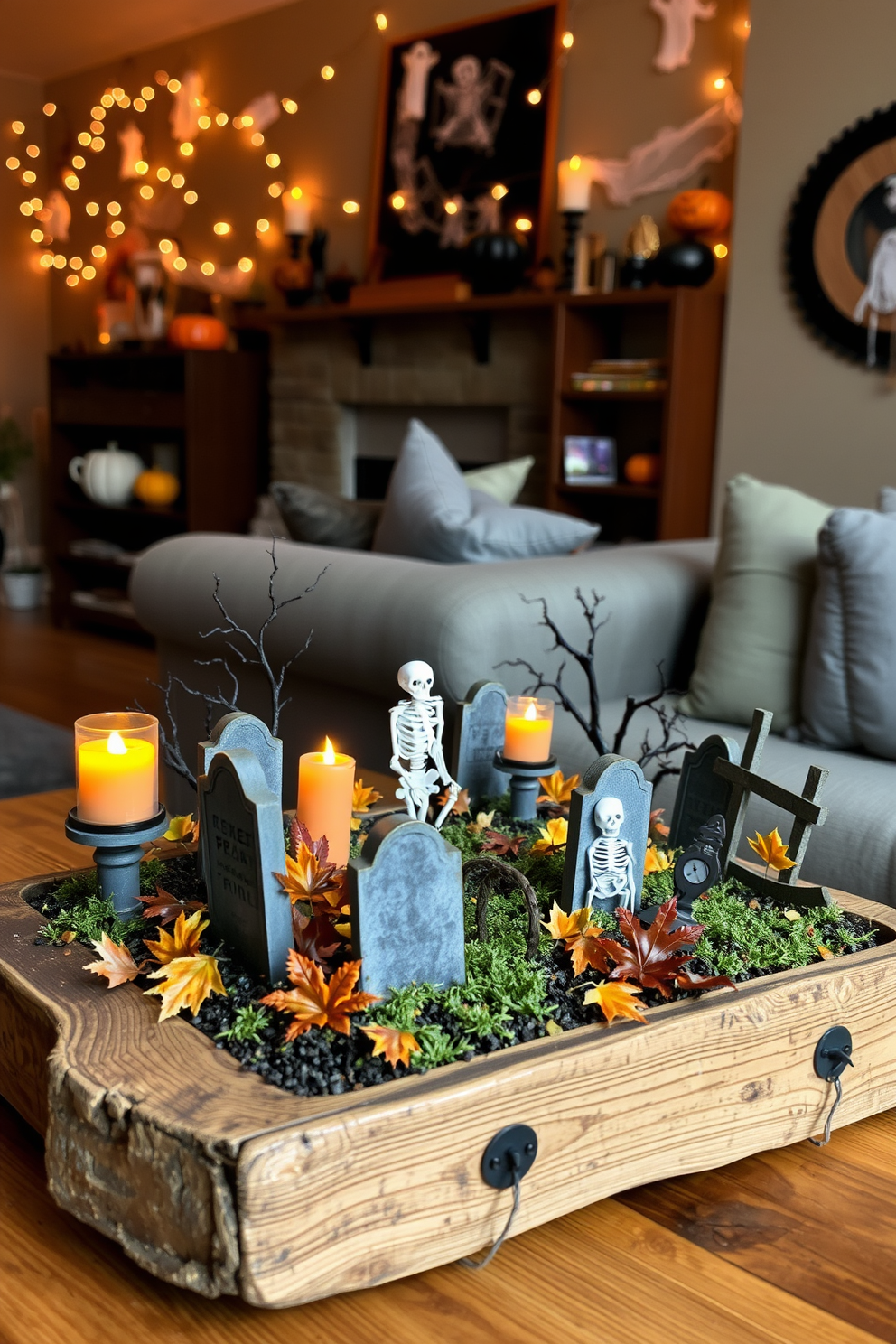 A whimsical miniature graveyard scene is set on a rustic wooden table. The display features tiny tombstones, eerie skeletons, and flickering LED candles surrounded by autumn leaves. In the background, a cozy living room is adorned with Halloween decorations. String lights in the shape of ghosts and pumpkins hang from the walls, creating a festive atmosphere.