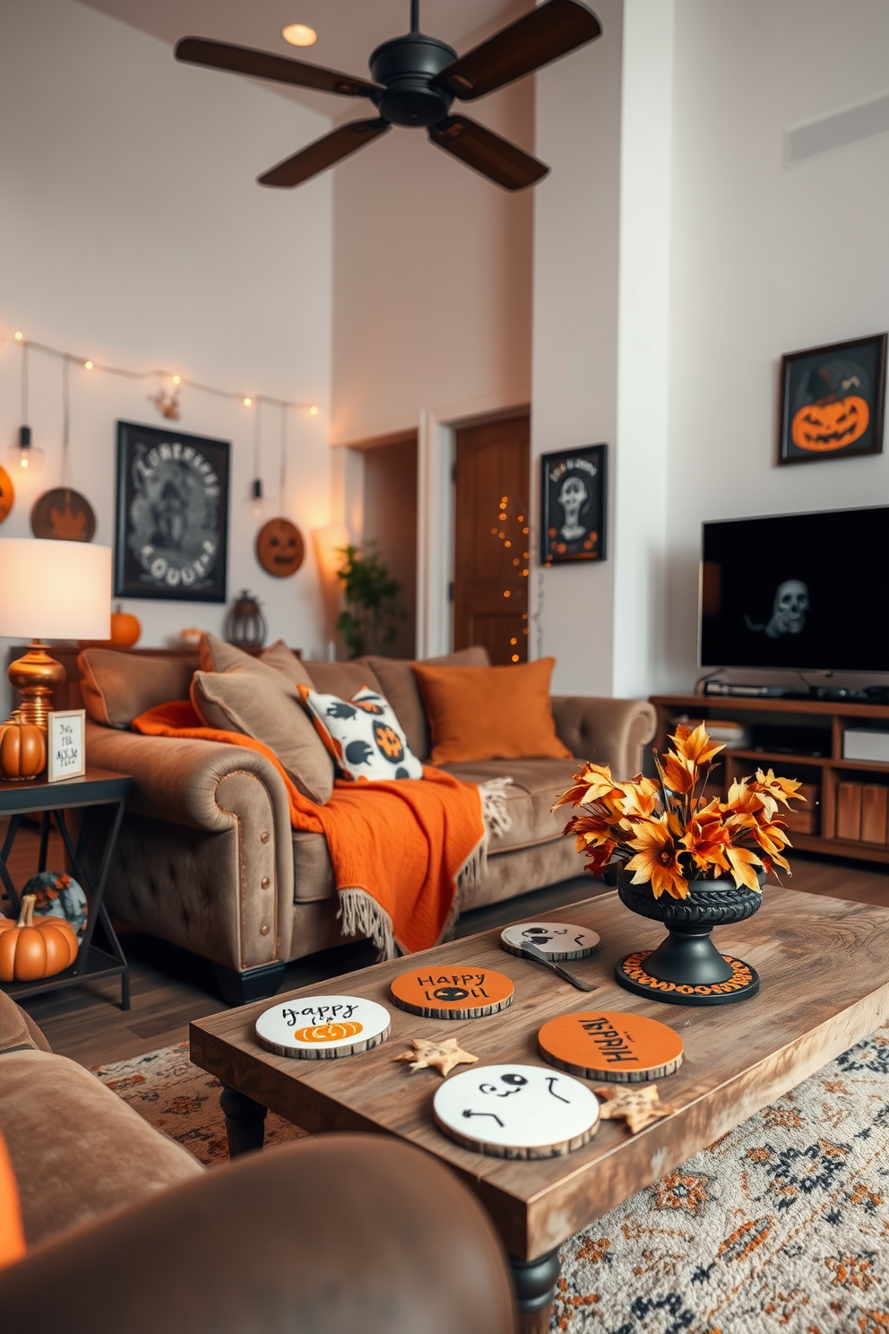 A cozy living room adorned with festive coasters featuring playful Halloween designs. The space is filled with warm, ambient lighting and decorated with seasonal accents such as pumpkins and ghost motifs. A plush sofa is draped with a soft, orange throw blanket, and a coffee table is topped with a centerpiece of autumn leaves. The walls are adorned with spooky artwork, enhancing the cheerful Halloween spirit throughout the room.