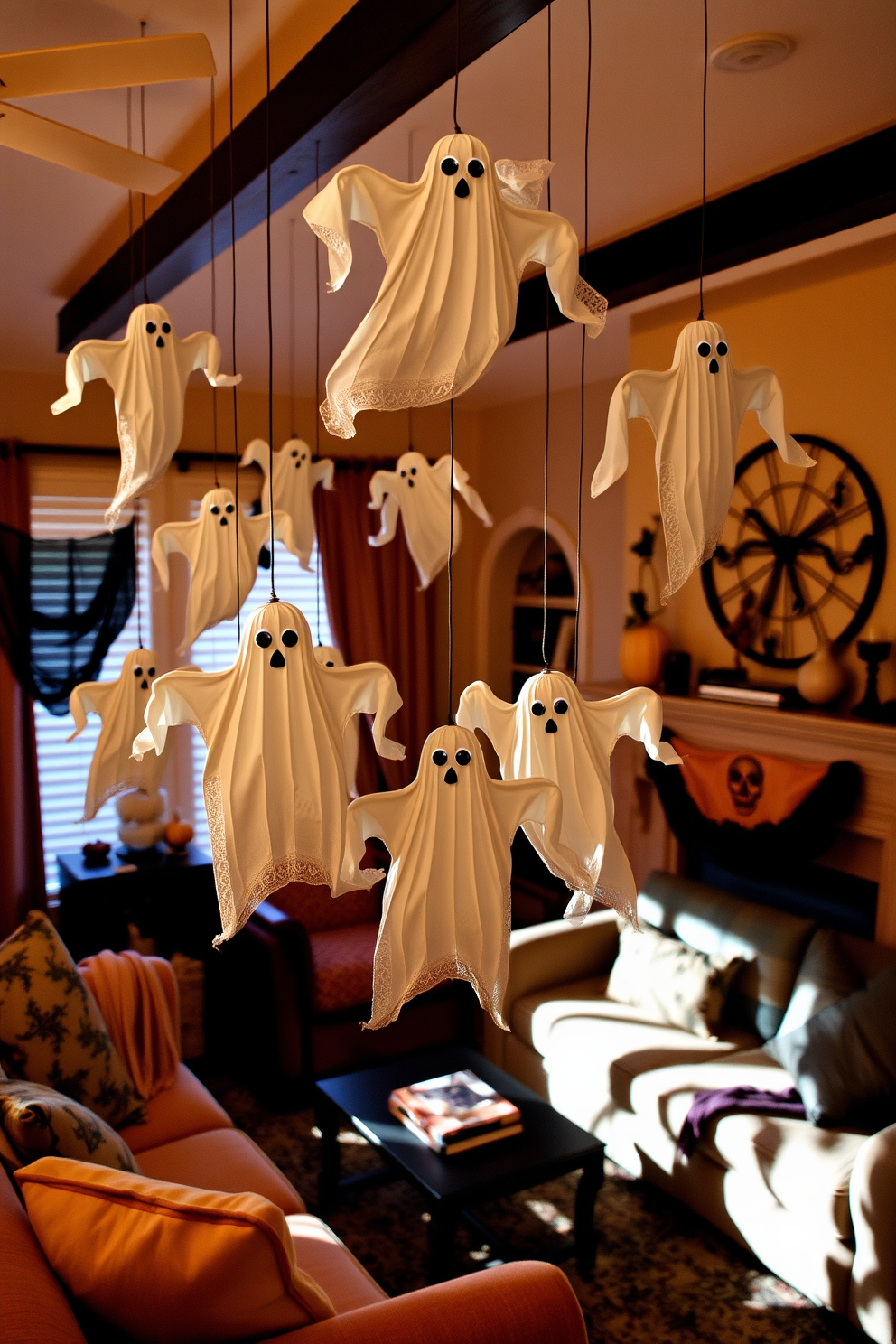 A cozy living room adorned for Halloween features hanging ghost decorations swaying gently from the ceiling. The room is illuminated with soft lighting, casting playful shadows that enhance the spooky atmosphere.