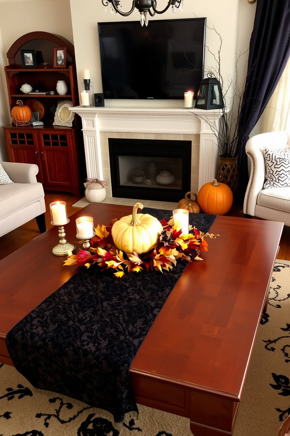 A stylish living room adorned for Halloween features a black lace table runner elegantly draped across a polished wooden coffee table. The table is complemented by flickering candle holders and a centerpiece of seasonal pumpkins and autumn leaves, creating a warm and inviting atmosphere.