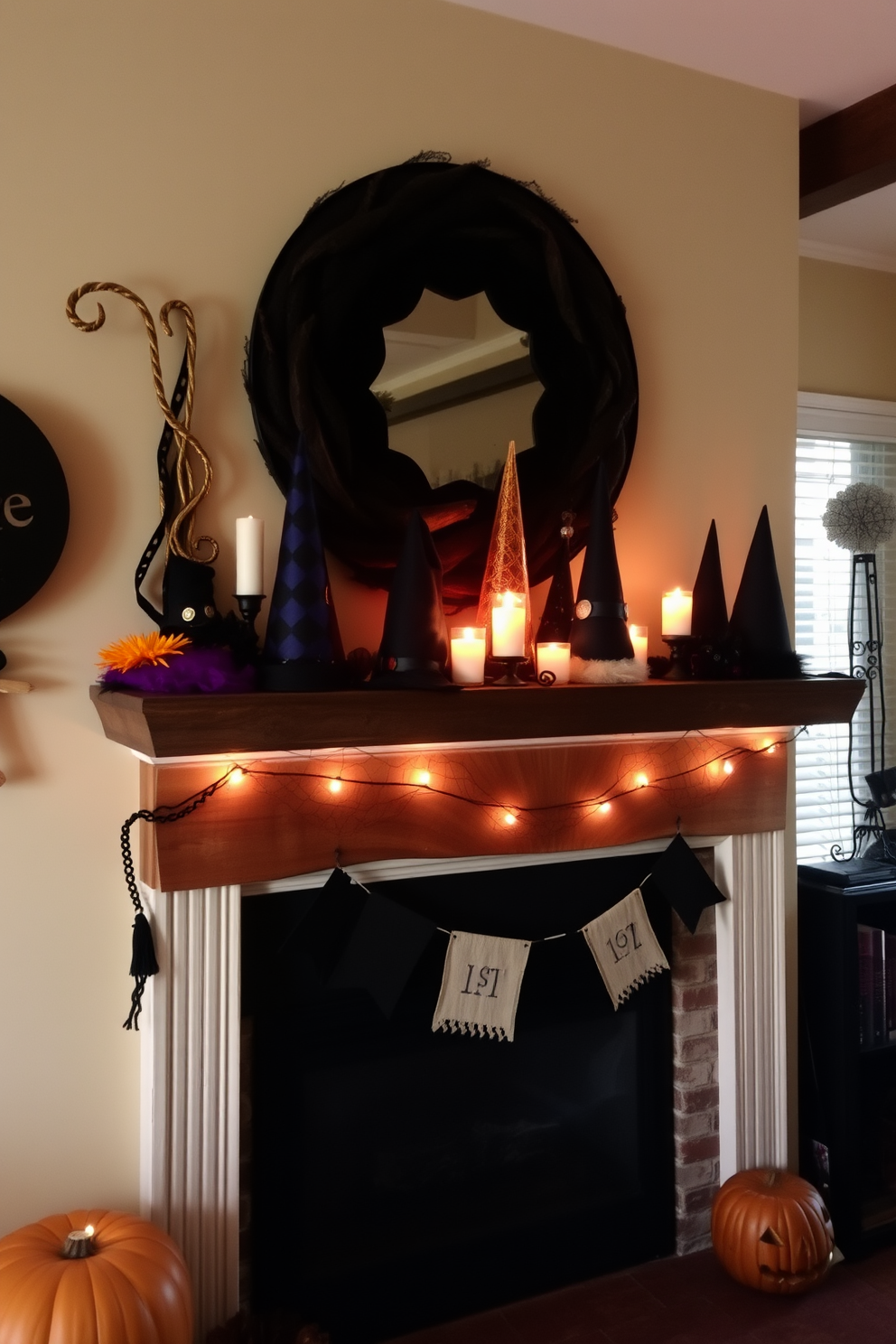 A cozy living room decorated for Halloween features a rustic mantelpiece adorned with an assortment of witch hats in various styles and colors. The warm glow of candlelight illuminates the hats, creating an inviting atmosphere perfect for the spooky season.