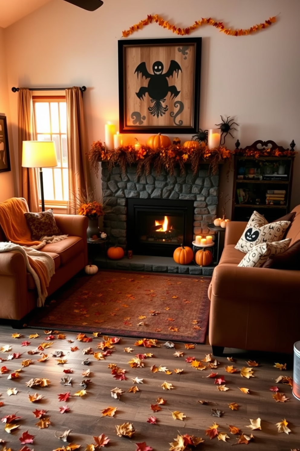 A cozy living room adorned with autumn leaves scattered across the hardwood floor and furniture. Warm, inviting colors dominate the space, with plush throw blankets and seasonal decorations enhancing the festive atmosphere. A stylish fireplace serves as the focal point, surrounded by pumpkins and candles that create a warm glow. The walls are decorated with spooky artwork and festive garlands, bringing a playful Halloween spirit to the room.