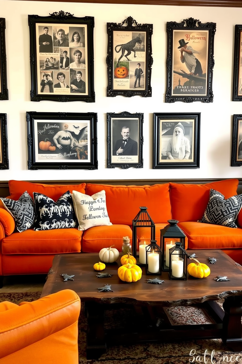 A cozy living room adorned with vintage Halloween postcards as wall art. The postcards feature classic Halloween imagery and are framed in ornate black frames, creating a nostalgic atmosphere. A plush orange sofa is complemented by black and white throw pillows. A rustic coffee table sits in the center, decorated with small pumpkins and flickering candle lanterns for a festive touch.