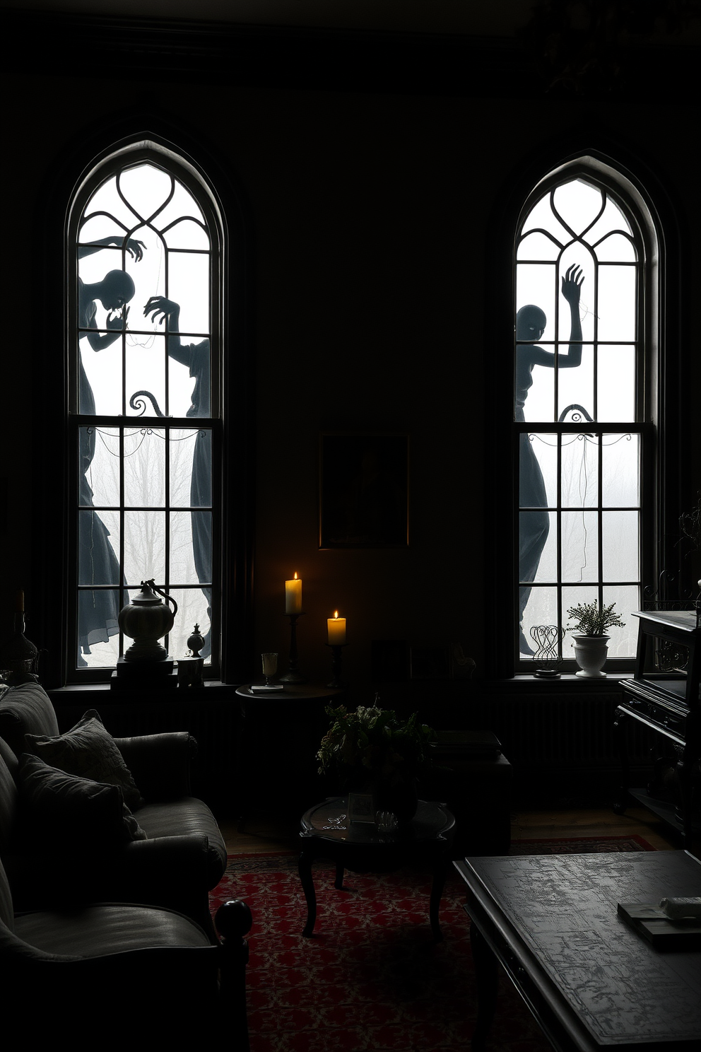 Creepy silhouettes of twisted figures loom in the window frames, casting eerie shadows across the room. The living room is adorned with dark, moody decor, featuring a mix of vintage furniture and hauntingly beautiful accents.