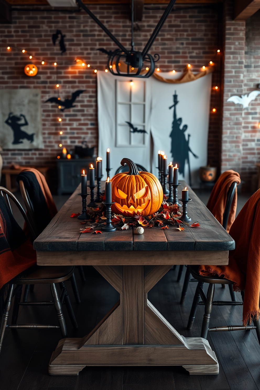 A spooky pumpkin centerpiece sits prominently on a rustic wooden dining table. The table is adorned with dark, flickering candles and autumn leaves, creating an eerie yet inviting atmosphere. Surrounding the table are mismatched chairs, each draped with cozy blankets in deep orange and black hues. The loft's exposed brick walls are decorated with ghostly silhouettes and string lights, enhancing the Halloween spirit.