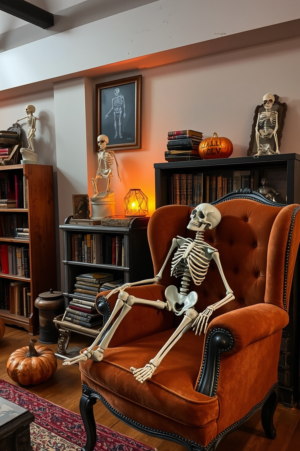 Vintage skeletons are creatively integrated into a stylish loft setting, adding a playful yet eerie touch to the decor. The skeletons are placed casually in various unexpected locations, such as perched on a bookshelf and lounging on a vintage armchair. The overall atmosphere is enhanced by warm lighting that casts soft shadows, creating a cozy yet spooky ambiance. Rich textures and autumnal colors complement the skeletons, making them a focal point of the Halloween-inspired design.