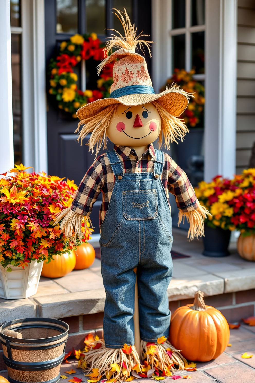 Charming scarecrow figure stands at the entrance creating a warm welcome for Halloween festivities. The scarecrow is dressed in a plaid shirt and denim overalls, with a straw hat perched jauntily on its head, surrounded by colorful autumn leaves and pumpkins.