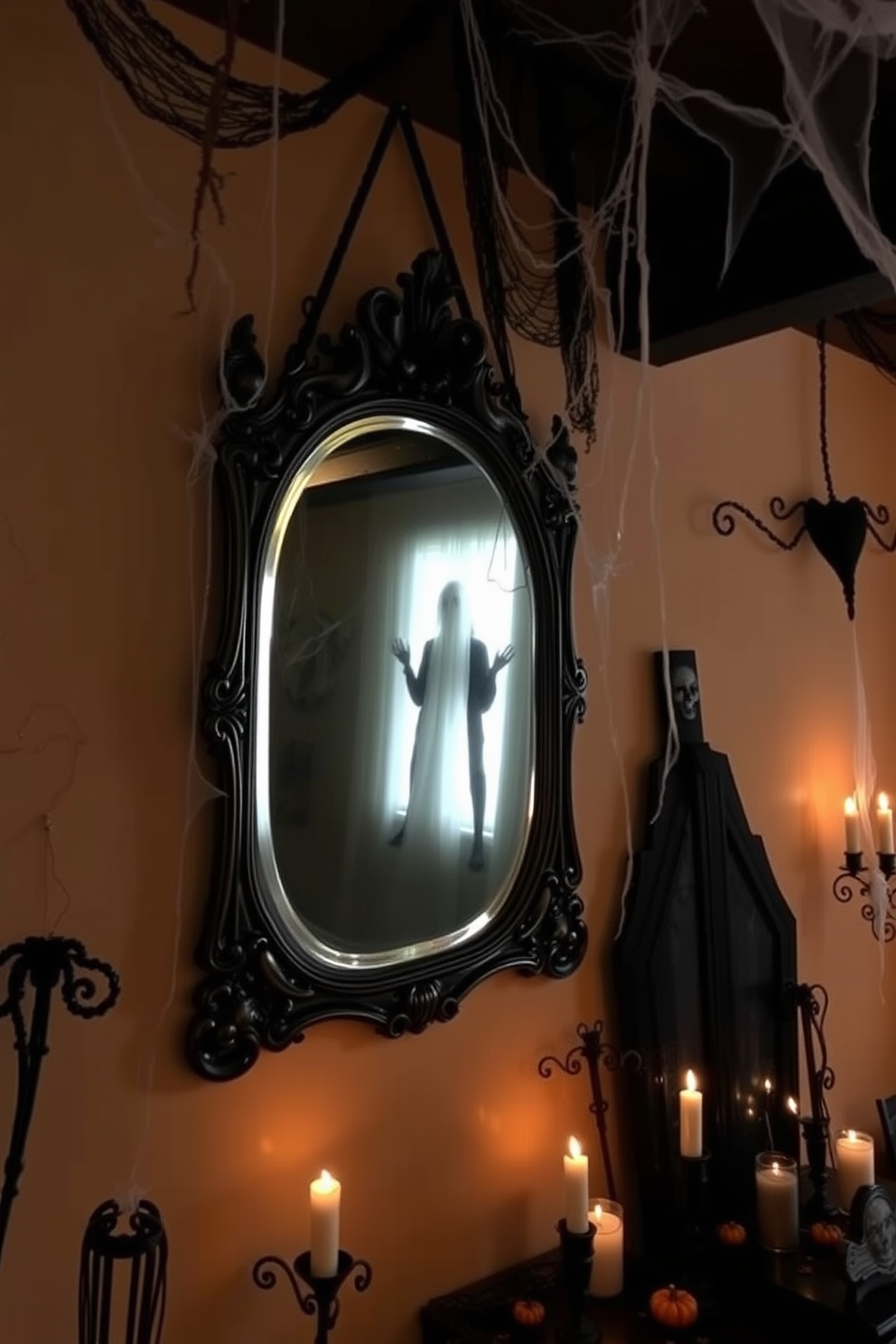 A gothic loft decorated for Halloween features tall, ornate mirrors with intricate frames that reflect eerie decor. The walls are adorned with dark, moody colors, and cobwebs drape from the ceiling, enhancing the spooky atmosphere.