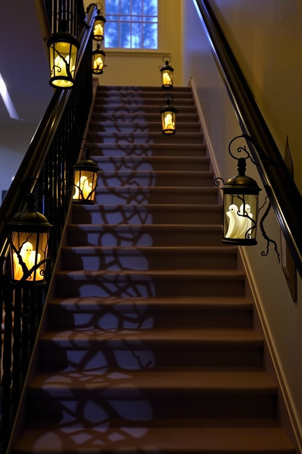 Eerie lanterns cast flickering shadows along the staircase, creating a haunting atmosphere perfect for Halloween. Each lantern is uniquely designed, with twisted vines and ghostly figures, illuminating the steps with an otherworldly glow.