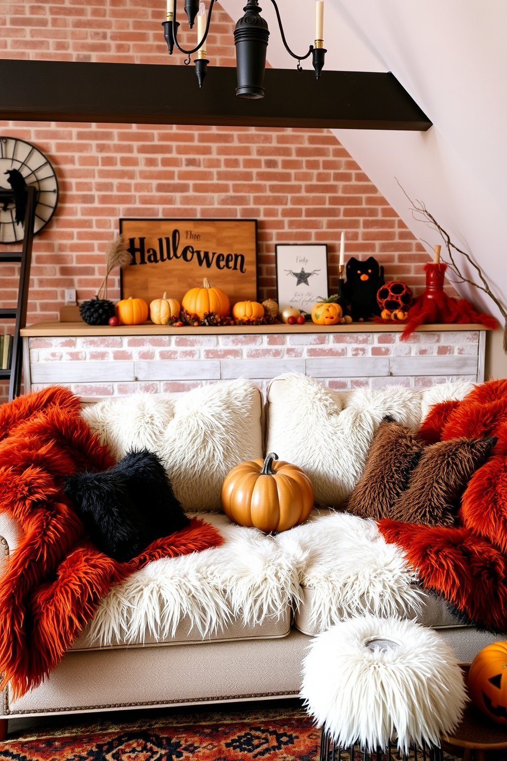 Create a cozy loft space decorated for Halloween. Incorporate faux fur throws in rich autumn colors draped over a plush sofa to enhance the inviting atmosphere.