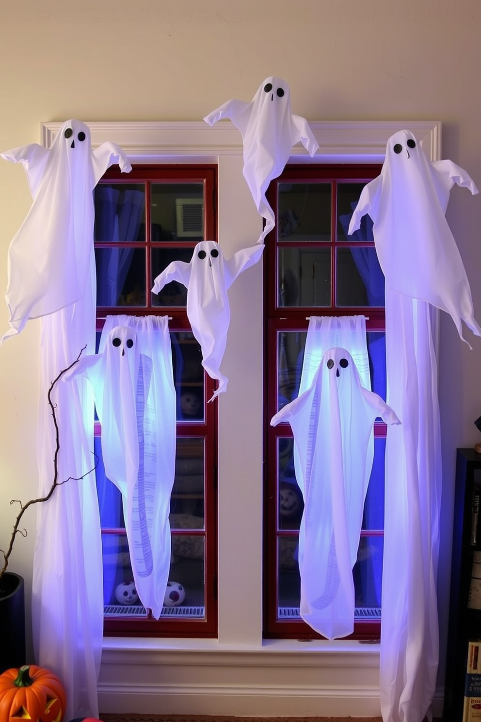 A whimsical Halloween loft adorned with DIY floating ghosts in the windows. The ghosts are crafted from white fabric, gently swaying in the breeze, creating a playful and spooky atmosphere.