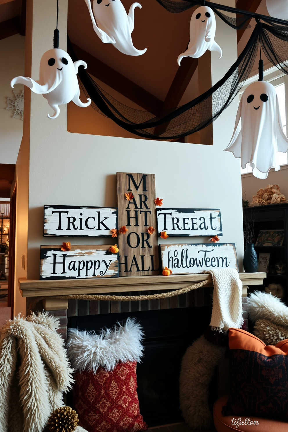 Rustic wooden signs with Halloween phrases are creatively arranged on a mantelpiece. The signs feature phrases like 