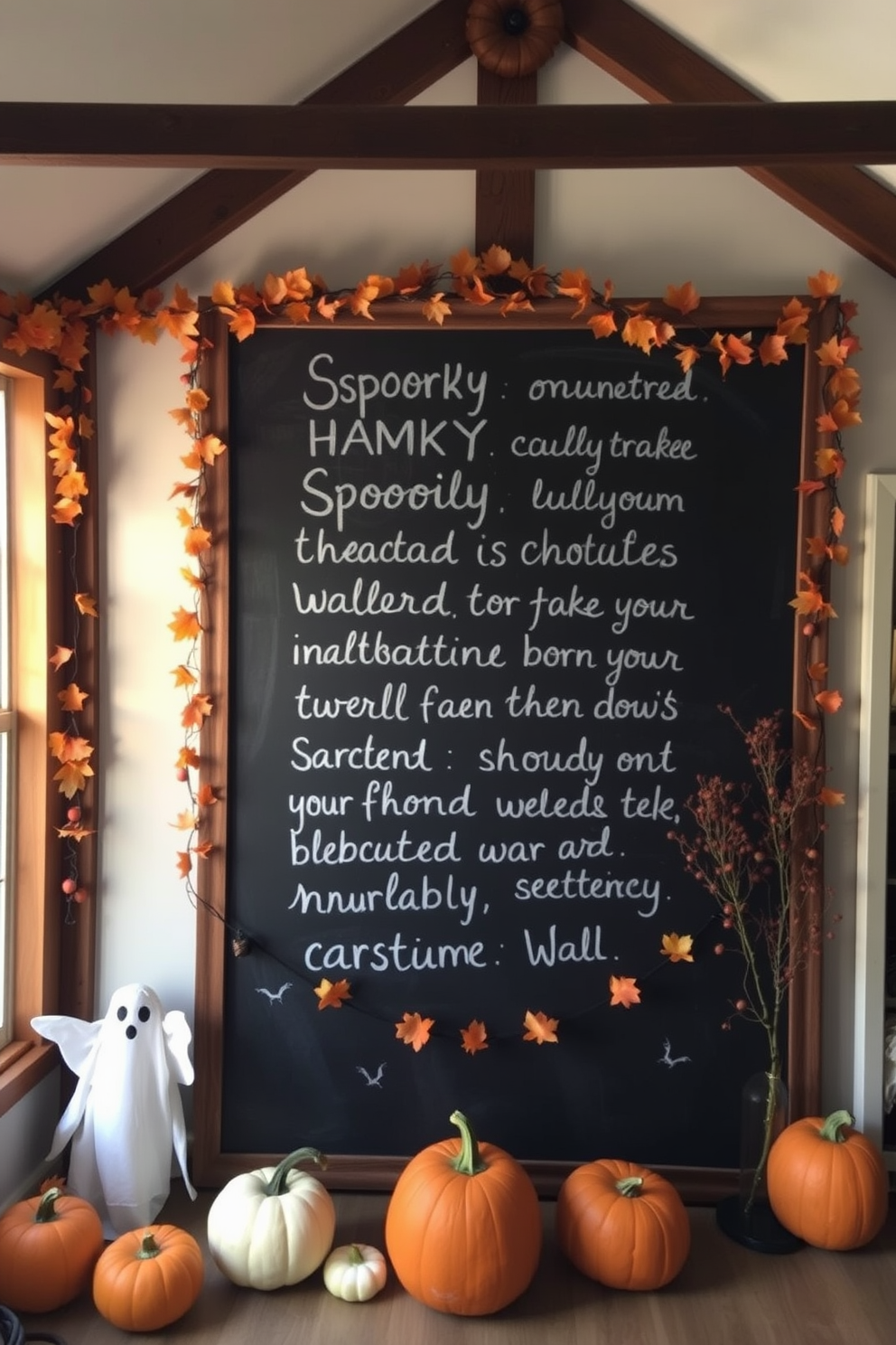 A cozy loft space is adorned with a large chalkboard featuring spooky quotes in playful handwriting. Surrounding the chalkboard are autumn-themed decorations, including pumpkins and ghostly garlands, creating a festive Halloween atmosphere.