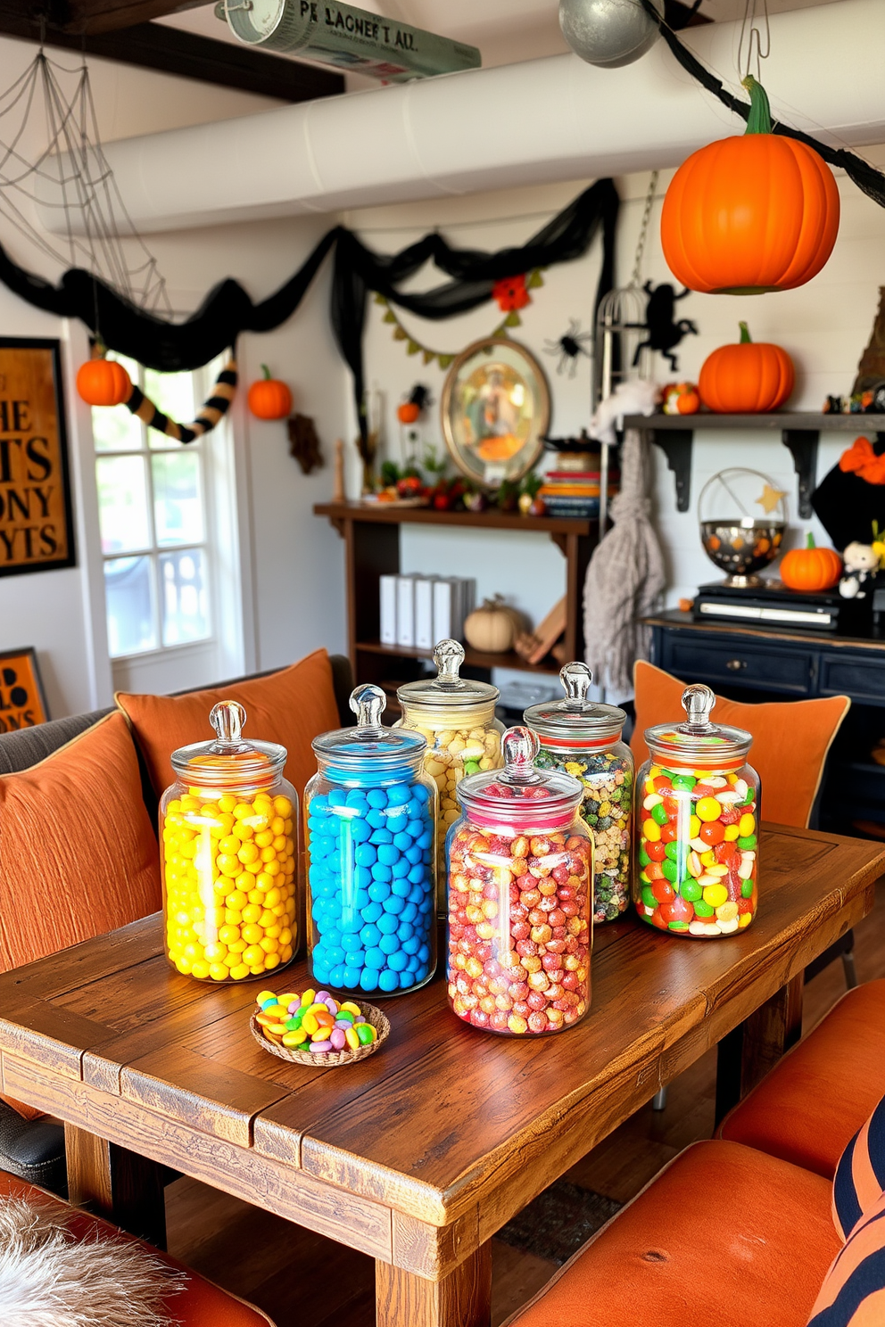 A whimsical loft space decorated for Halloween features an array of colorful candy jars filled with festive treats. The jars are placed on a rustic wooden table surrounded by cozy seating, with playful decorations like spider webs and pumpkins adorning the walls.