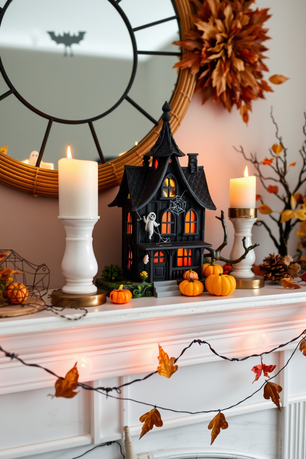 A whimsical miniature haunted house sits on a stylish mantelpiece adorned with seasonal decorations. The house features intricate details like tiny ghosts and cobwebs, creating a playful yet spooky atmosphere for Halloween. Surrounding the haunted house are small pumpkins and flickering LED candles that enhance the festive mood. The mantelpiece is complemented by autumn-themed garlands, adding warmth and charm to the loft decor.