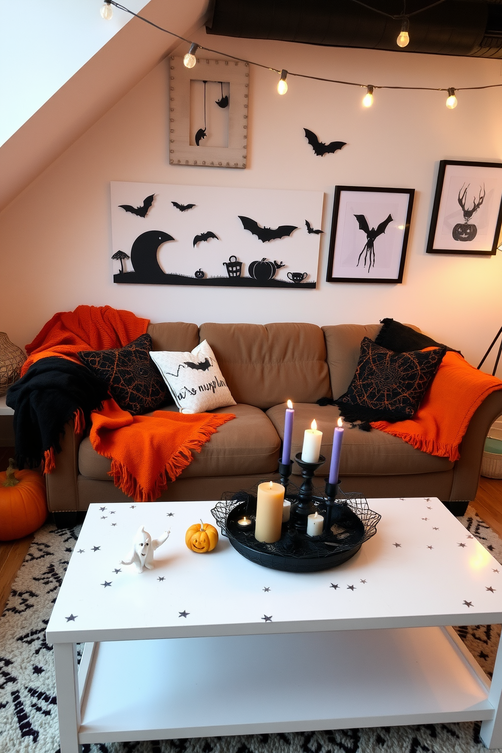 Create a cozy loft space decorated for Halloween. The walls are adorned with silhouette art featuring bats and pumpkins, while a plush sofa is draped with orange and black throw blankets. A coffee table is set with themed decorations such as miniature ghosts and a spooky candle centerpiece. Soft lighting from string lights enhances the festive atmosphere, creating a warm and inviting setting.